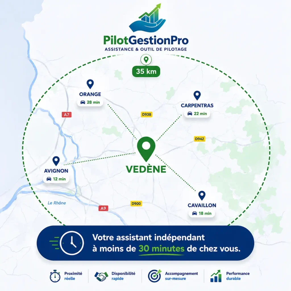 Carte d'intervention pour les services d'assistance administrative dans le Vaucluse autour de Vedène, Avignon et Carpentras.